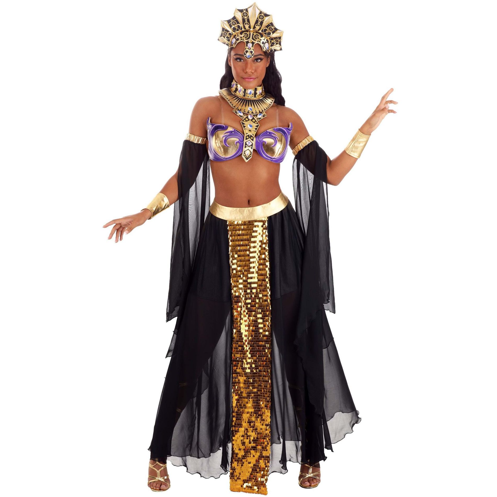 HalloweenCostumes.com Women's Queen of the Cursed Costume | Golden Royal Ruler Outfit with Bra, Skirt, and Headpiece