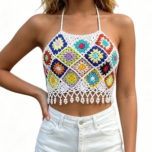Women Colorful Granny Square Crochet Halter Crop Top Pearl Tassel