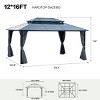 Outdoor 12×16 FT Gazebo, Permanent Pavilion with Netting and Curtains, Gazebo with Gray Aluminum Frame and Polycarbonate Double-Roof-Coolbibila - 4 of 4