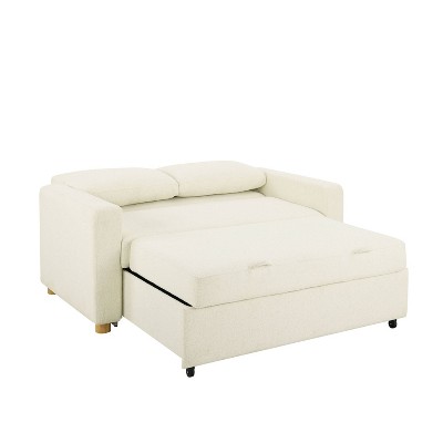 Ivory Boucle Full Size Convertible Sleeper Sofa with Wood Legs