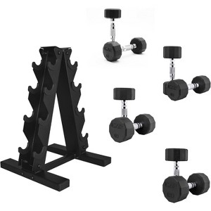 Rubber Coated Dumbbell Weight Set with Vertical Rack, Free Weights for Home Gym Strength Training - 1 of 4