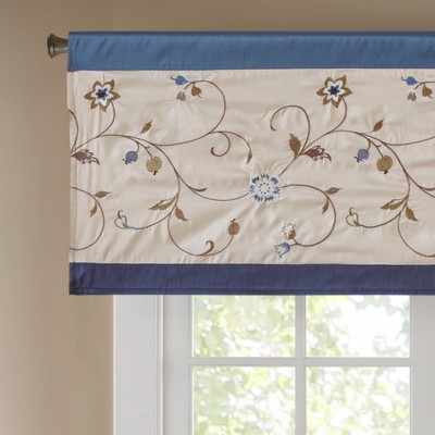 Navy and Beige Floral Embroidered Rod Pocket Valance