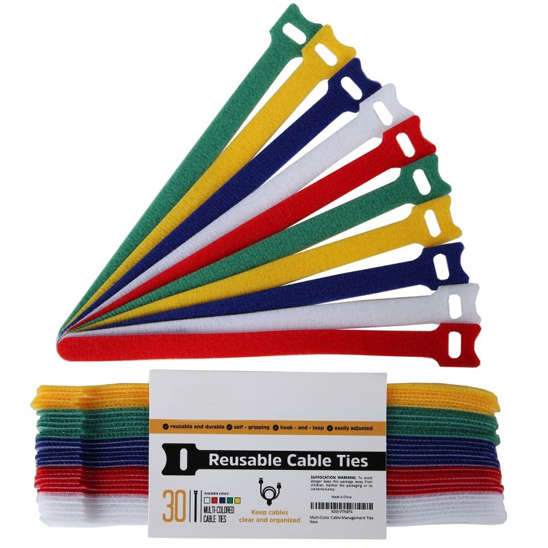 Cable Management Ties - (30) 8" Reusable Self-Gripping Cord Straps- Wire Organizer for Desks and Offices- Fleming Supply (Multi-Color), 1 of 7