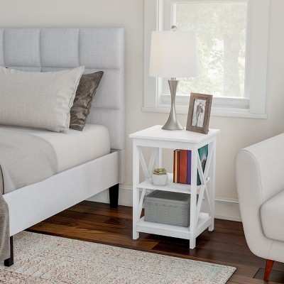 White MDF Wood X-Leg End Table with Two Shelves