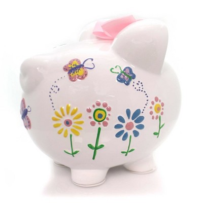 White Ceramic Piggy Bank with Flowers and Butterflies