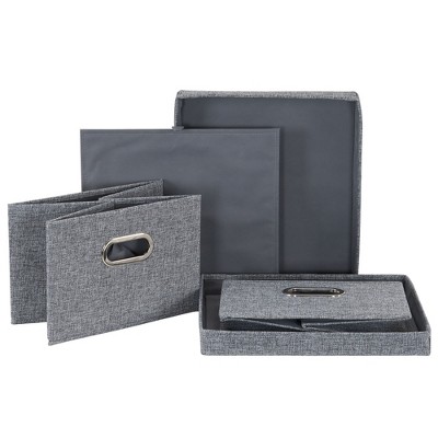 Gray Linen Collapsible Stackable Storage Boxes with Lids, 2 Piece Set