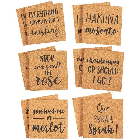 Juvale Set Of 12 Square Cork Coasters For Drinks With Funny Quotes