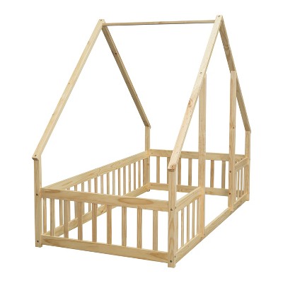Bellemave Twin Floor Bed for Kids, Girls, Boys, Wood House Bed Frame, House Floor Bed, Twin Size Montessori Floor Bed with Fence, Playhouse, Natural