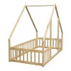 Gulches Twin Wood House-Shaped Floor Bed - Fence, Guardrails, Roof Frame, Natural - 2 of 4