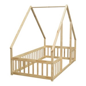 Bellemave Twin Floor Bed for Kids, Girls, Boys, Wood House Bed Frame, House Floor Bed, Twin Size Montessori Floor Bed with Fence, Playhouse, Natural - 1 of 3