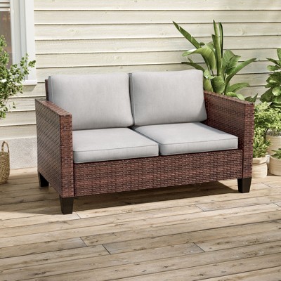 Sonkuki Patio Loveseat Sofa, All-Weather PE Rattan Wicker Set Small Patio Conversation Couch with Cushion