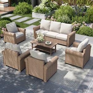 Captiva Designs 6 Piece Luxury Wicker Patio Conversation Sofa Set with Curved Armrests with Cushions - 1 of 4