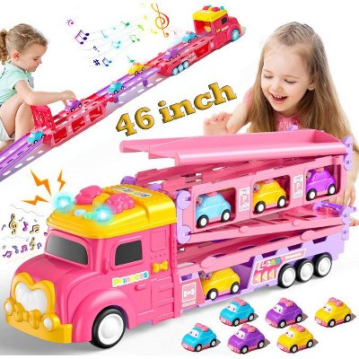 Skirfy 7 in 1 Carrier Truck Toys with Light & Sound, Toddler Toys Birthday Gifts for Princess Girls, Pink