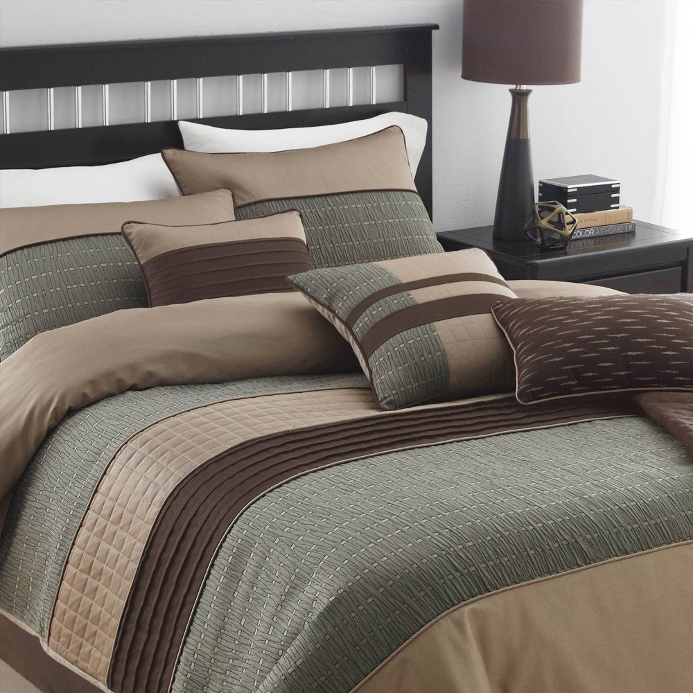 Photos - Bed Linen 7pc Queen Lexia Comforter Set Brown/Sage Green - Riverbrook Home: Geometric Pattern, Polyester Fill