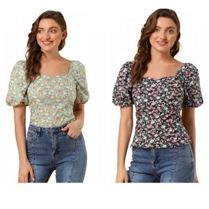 Allegra K Women's Puff Sleeve Square Neck Peasant Floral Blouse 2 Packs - 1 of 4