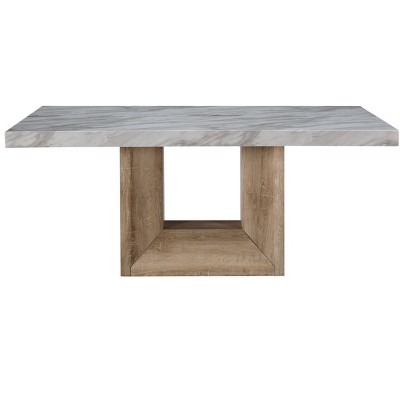 HomeRoots 70" White and Natural Faux Marble and Wood Pedestal Base Dining Table