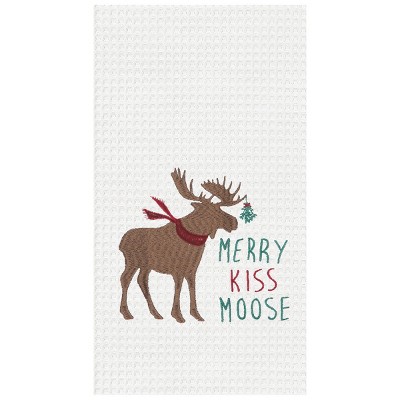 C&F Home Merry Kiss Moose Embroidered Waffle Weave Cotton Kitchen Towel