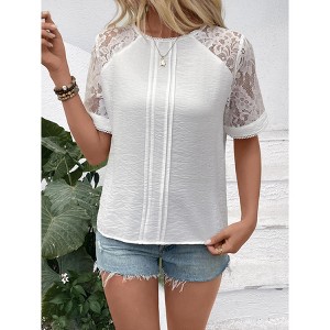 Womens Summer Tops with Keyhole Back Elegant Lace Short Sleeve Blouse Tops - 1 of 4