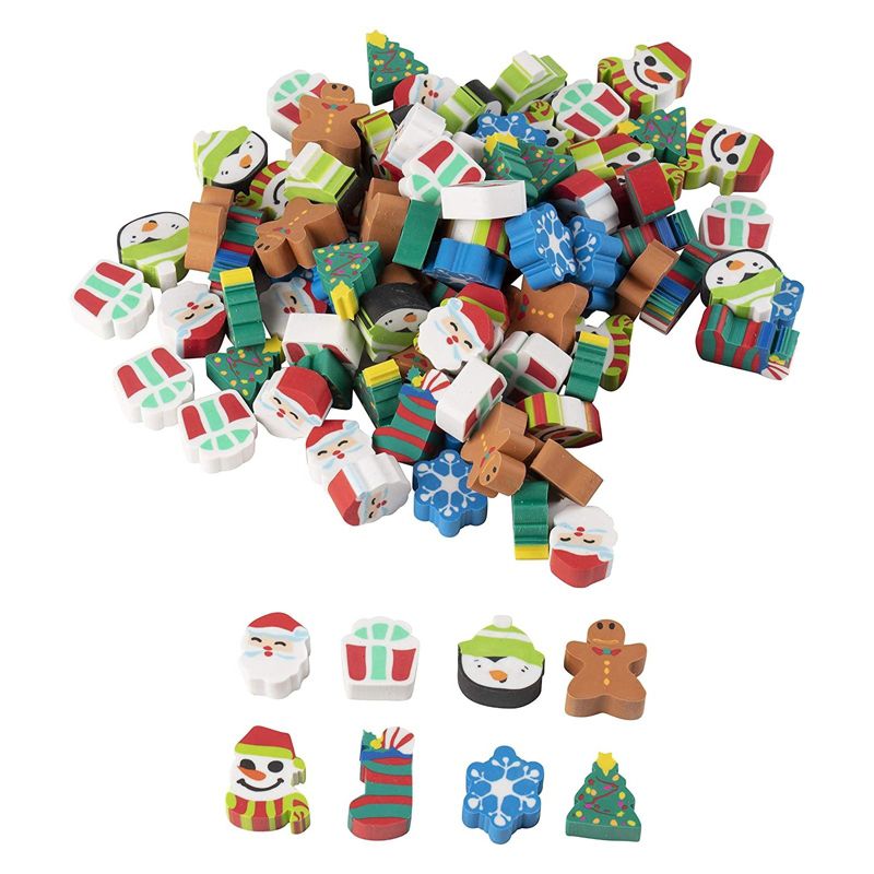 Blue Panda 100 Pieces Mini Christmas Erasers for Kids Party Favors, Bulk Holiday Stocking Stuffers in 8 Festive Designs, 1 of 7
