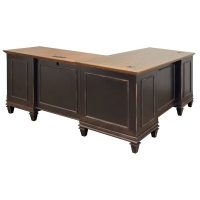 Traditional Brown L-Shaped Computer Desk with 8 Drawers and Power Center