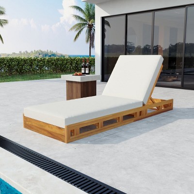 Chaise Lounge Chair Wood Frame with Adjustable Backrest, Outdoor Lounge Chairs with 4 Inch Cushion-Maison Boucle