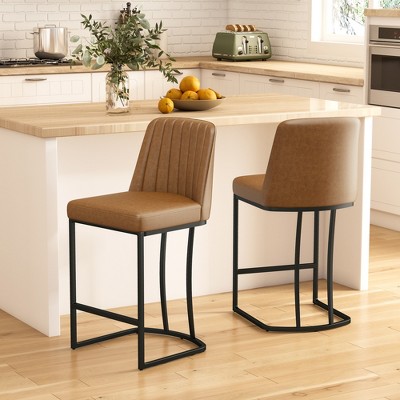 Vipbear Counter Height Bar Stools Set of 2, 25.6" H Barrel Upholestered Faux Leather Barstools with Back and Metal Frame for Kitchen Island