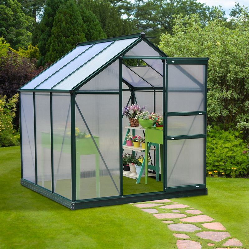 Outsunny 6' x 6' x 7' Polycarbonate Greenhouse, Heavy Duty Outdoor Aluminum Walk-in Green House Kit with Vent & Door for Backyard Garden, Green, 4 of 13