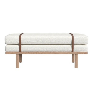 Cream Boucle Upholstered Bench with Faux Leather Straps