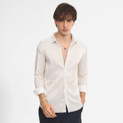 Campus Sutra Men Men's Daisy White Metallic Pleated Shirt