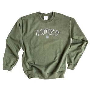 Simply Sage Market Women's Graphic Sweatshirt Embroidered Lucky Varsity Clover St. Patrick's Day - White Ink - 1 of 3