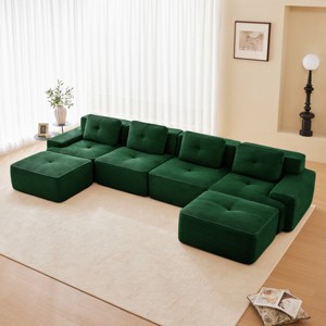 153" Modern U-Shaped Sectional Sofa with Corduroy Fabric , Modular Sectional Sofa with Movable Ottoman, 4-Seater Living Room Sofa-Koiai - 1 of 4