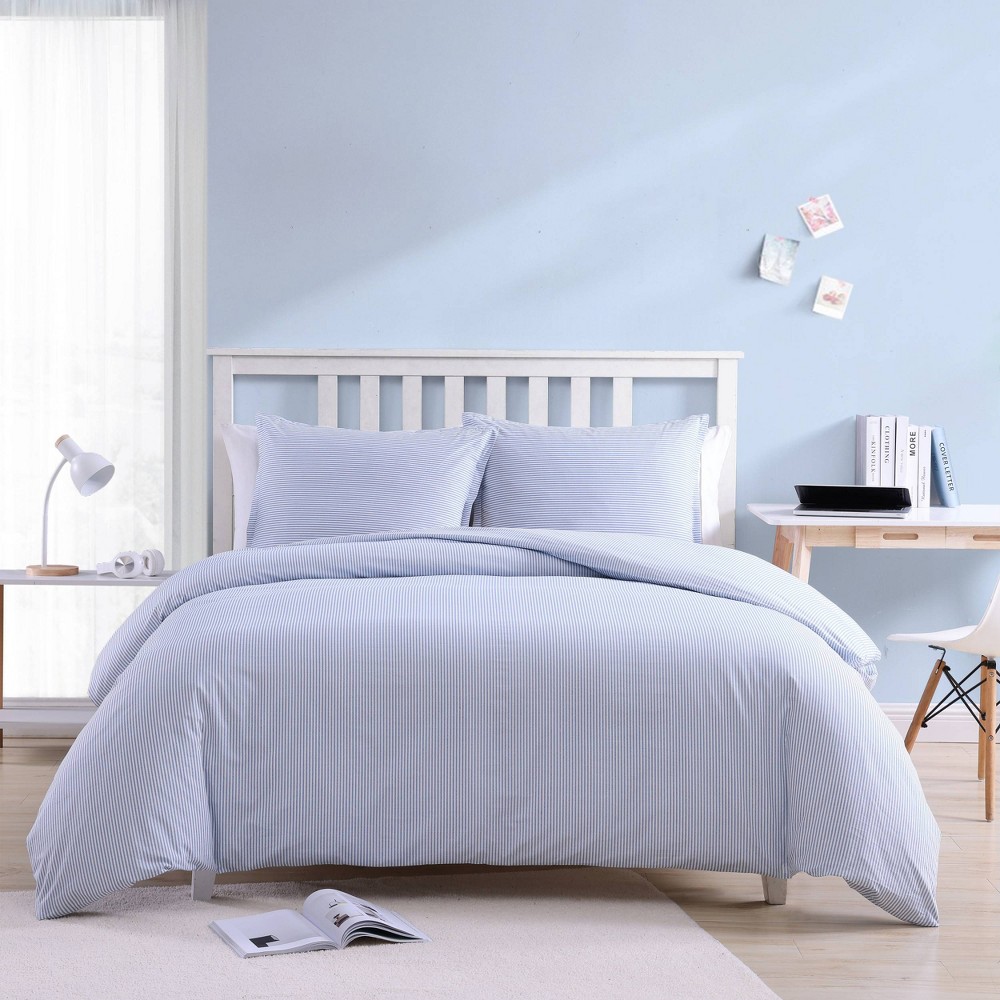 Photos - Bed Linen 3pc King Oxford Stripe 100 Cotton Duvet Set Blue/White - Poppy & Fritz: Percale Weave, OEKO-TEX Certified