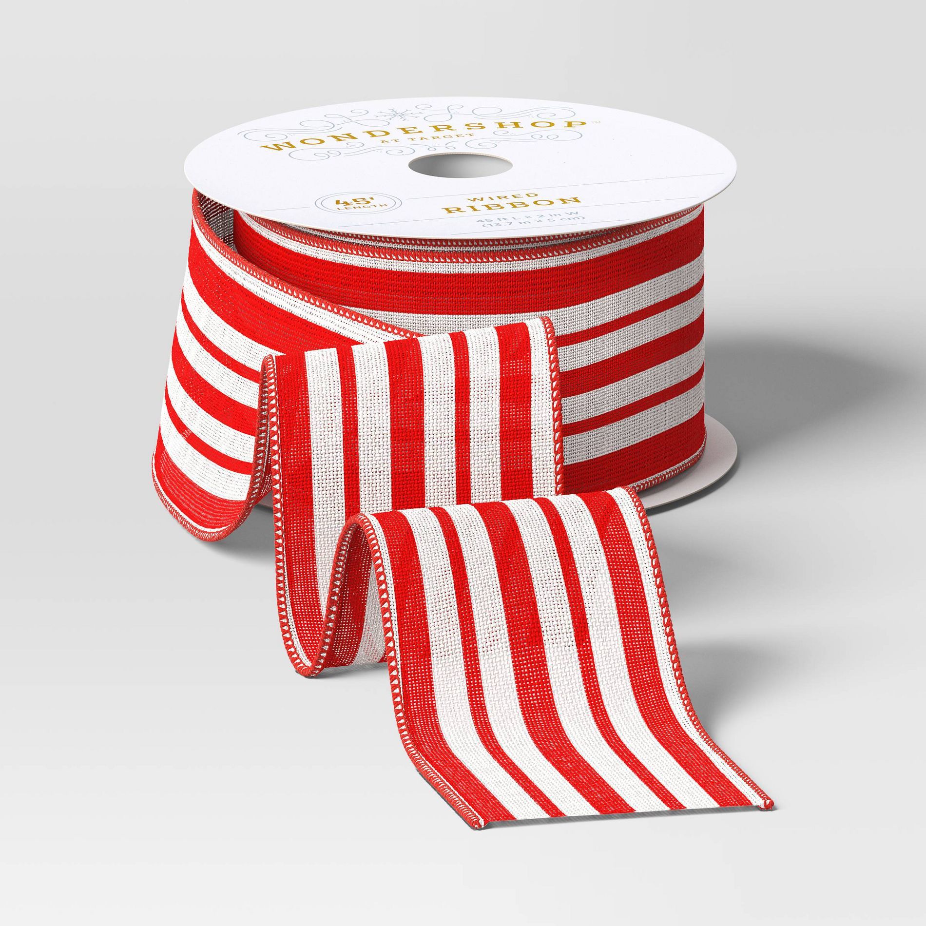 45' Christmas Fabric Ribbon Red White Striped - Wondershop™
