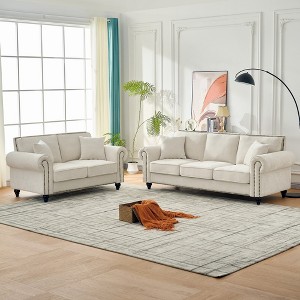 Modern 3+2 Seater Sofa with Rolled Arms, Chenille Upholstered Couch with Wood Legs and Nailhead Trim for Living Room, Apartment - 1 of 4