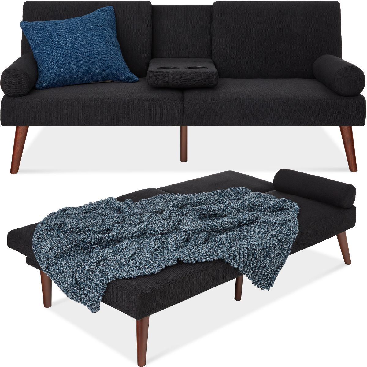 Best Choice Products Fabric Upholstered Convertible Futon w/ Rounded Armrests, Wooden Legs, 2 Cupholders - Black