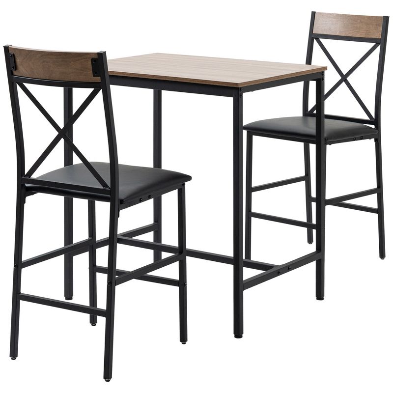 HOMCOM 3 Piece Bar Table and Chair Set, Dining Table and Armless Chairs Set with PU Padded Stools and Steel Frame, Brown, 1 of 7
