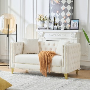 GDFStudio Klein 58"W Chesterfield Velvet Upholstered Loveseat with Nailhead Trim - 1 of 4