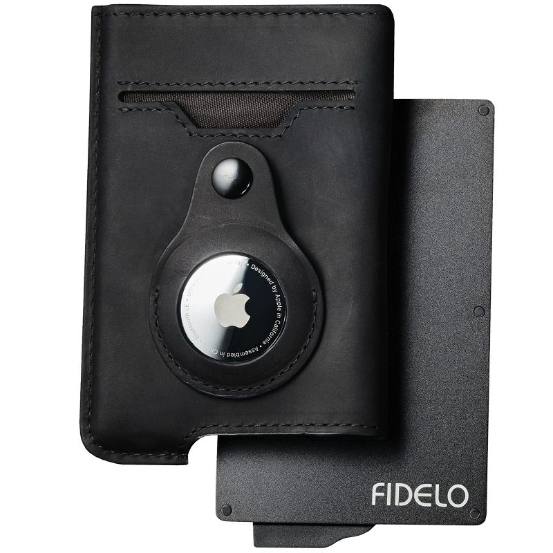 Fidelo Hybrid Minimalist Mens Wallet with Airtag Button Holder with RFID Blocking & Money Clip with Airtags Smart Holder, Black, 1 of 4