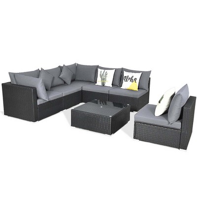 Tangkula Set of 7 Rattan Sofa Set Sectional Conversation Furniture Set Patio