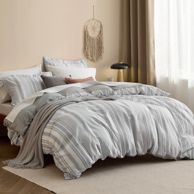 Bedsure 3 Pieces Reversible Striped Duvet Cover Set with Zipper Closure King Size Formal Grey Bedding Set with 8 Corner Ties — фото 2