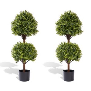poetree 3.3ft Set of 2 Artificial Boxwood Topiary Ball Trees in Black Pots – Faux Potted Plants. - 1 of 4