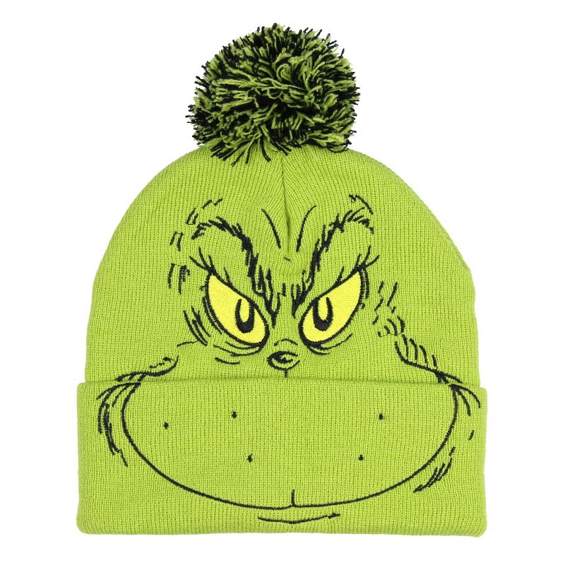 Dr. Seuss The Grinch Who Stole Christmas Pom Beanie Hat Embroidered Character Green, 1 of 5
