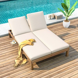 Whisen Double Outdoor Chaise Lounge with 5-Position Adjustable Backrest, Cushions & Folding Side Trays for Two - 1 of 4