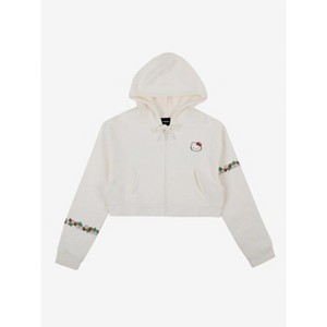 Hello Kitty Strawberries Puff Print Long Sleeve Zip Up Women's White Cropped Hoodie - 1 of 4