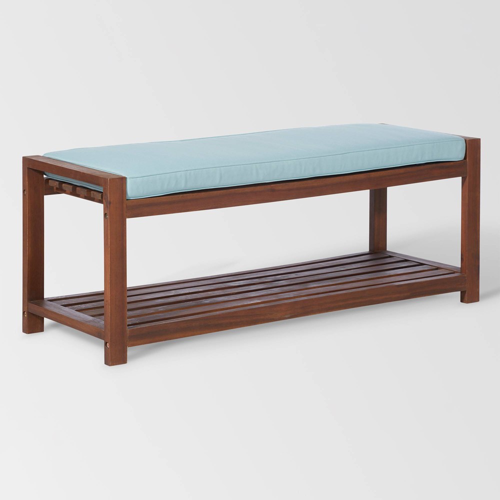 Pompano Modern Cushioned Outdoor Dining Bench with Slatted Shelf - Dark Brown/Blue - Saracina Home