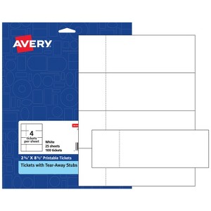 Avery Printable Tickets with Stubs, 2-3/4" x 8-1/2", Laser/Inkjet, 100 Blank Tickets (16430) - 1 of 4