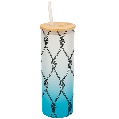 Elanze Designs Nautical Knotted Rope Pattern Wrap-Around Design 25 Ounce Frosted Gradient Glass On-The-Go Coffee Travel Skinny Tumbler Mug Cup, Bamboo