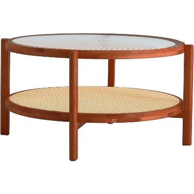 2-Tier Round Rattan Tea Table with Tempered Glass Tabletop Coffee Table for Living Room Dining Room Bedroom, Walnut