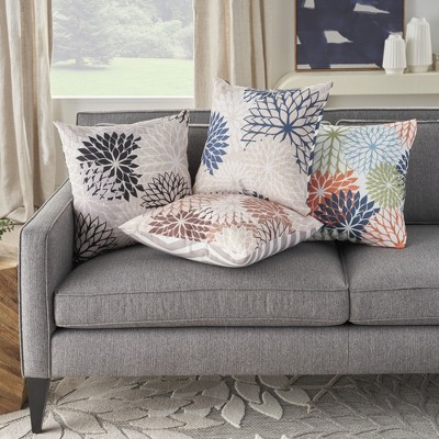 Ivory and Navy Floral Square Outdoor Throw Pillow
