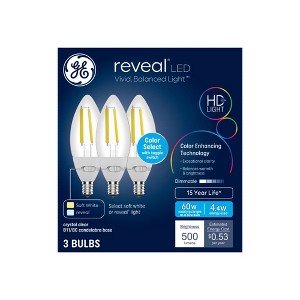 GE 3pk 60W Color Select LED Decorative Light Bulbs Clear: Candelabra Base E12, Dimmable, 500 Lumens, 2700K, 13.7 Years - 1 of 4